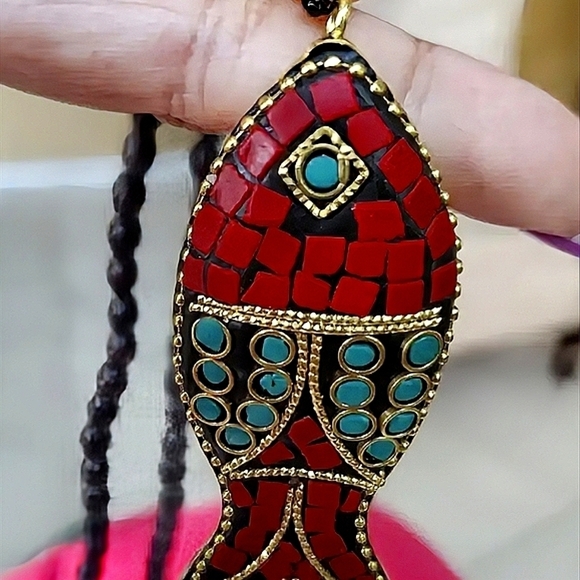 Long Sweater Necklace 20" Stone Bead Red Blue Pisces Fish Jewelry Boho Necklaces - Picture 7 of 10